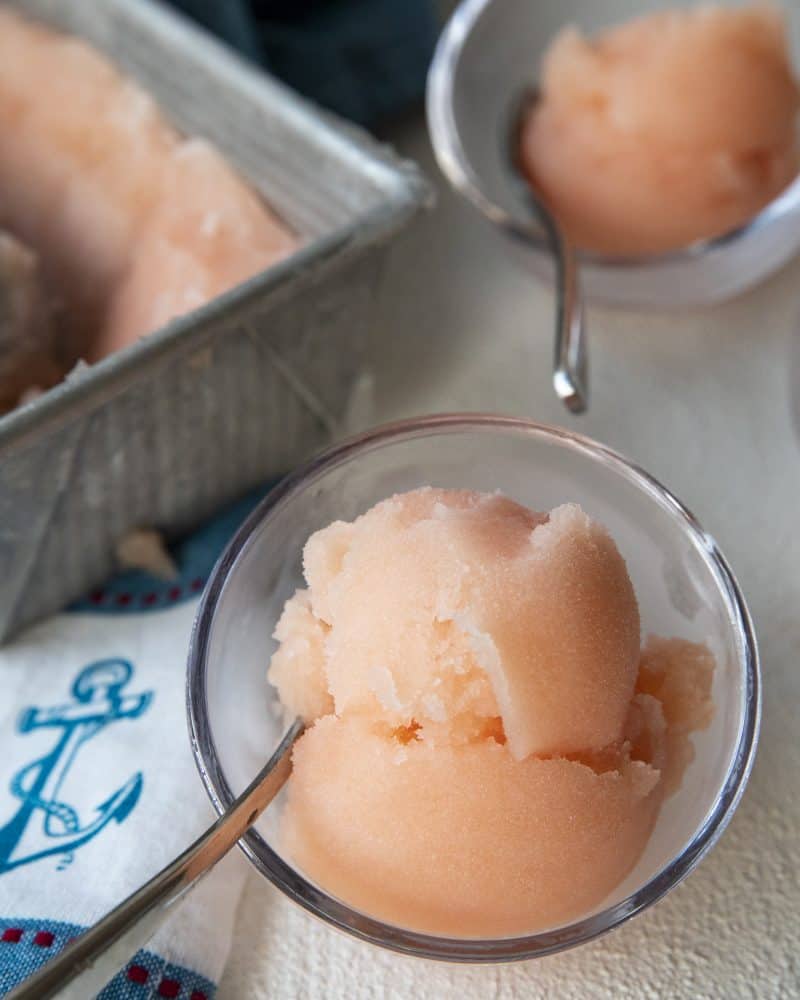 Crisp, refreshing, smooth and silky in texture, this grapefruit sorbet makes a great dessert by itself or cocktail when doused with a shot of gin or vodka.