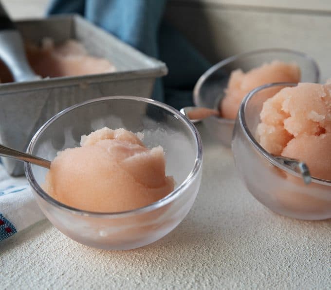Crisp, refreshing, smooth and silky in texture, this grapefruit sorbet makes a great dessert by itself or cocktail when doused with a shot of gin or vodka.