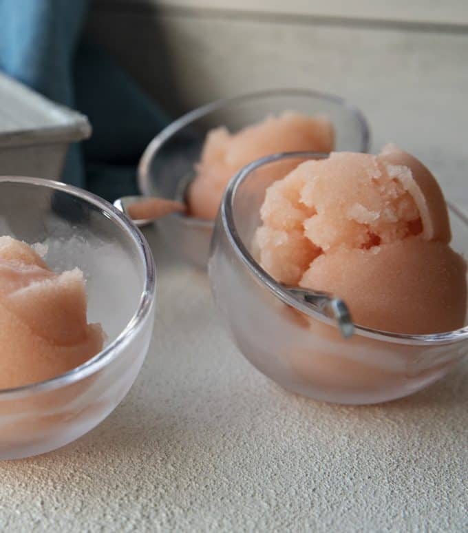 Crisp, refreshing, smooth and silky in texture, this grapefruit sorbet makes a great dessert by itself or cocktail when doused with a shot of gin or vodka.