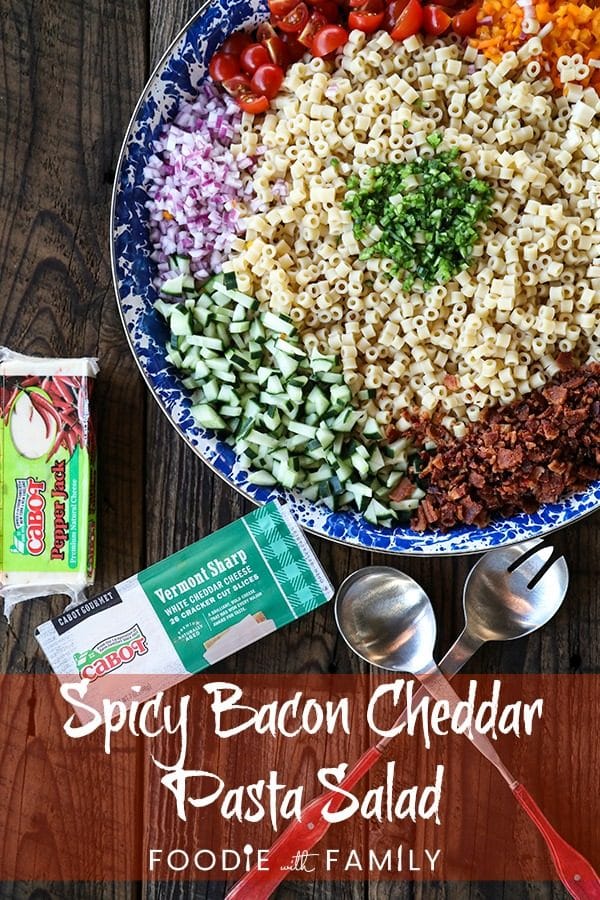 Spicy Bacon Cheddar Pasta Salad : Ditalini, crunchy bell pepper, cucumber, crispy bacon crumbles, tiny cubes of cheese, & a little spice in a creamy dressing. 