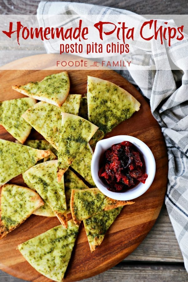 Crispy, crunchy, perfect pesto brushed homemade pita chips are as easy as cut, brush, bake and make a great snack or salad accompaniment.