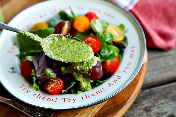 This 3-Ingredient Pesto Vinaigrette Recipe is by far my favourite dressing right now. It literally takes 3 ingredients and about 1 minute to make and delivers beautifully fresh basil, garlic, parmesan flavour to all your favourite salads.