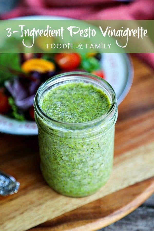 This 3-Ingredient Pesto Vinaigrette Recipe is by far my favourite dressing right now. It literally takes 3 ingredients and about 1 minute to make and delivers beautifully fresh basil, garlic, parmesan flavour to all your favourite salads.