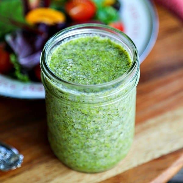 3-Ingredient Pesto Vinaigrette is by far my favourite dressing right now. It literally takes 3 ingredients and about 1 minute to make and delivers beautifully fresh basil, garlic, parmesan flavour to all your favourite salads.