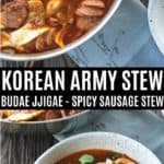 Korean Army Stew or Budae Jjigae in a pan and in a bowl with a blue linen