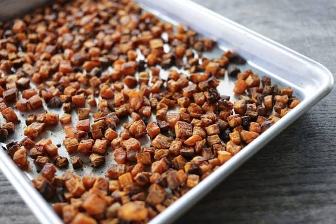 Crunchy, crispy, baked Sweet Potato Croutons from foodiewithfamily.com