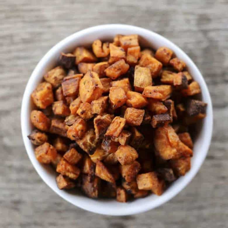 Crunchy, crispy, baked Sweet Potato Croutons from foodiewithfamily.com