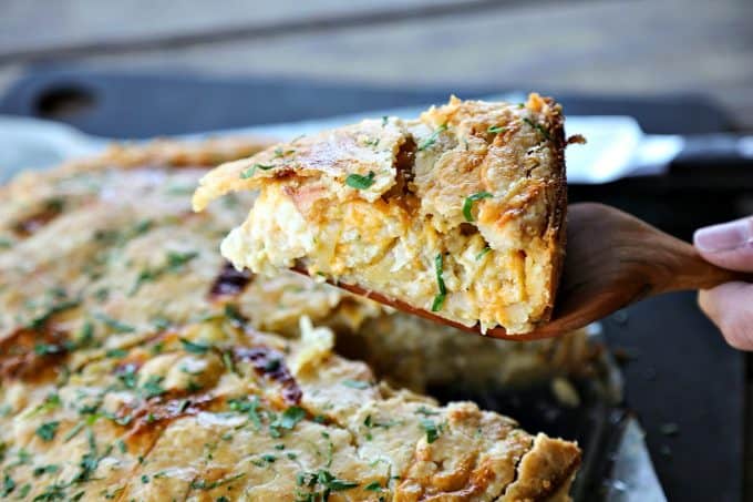 This classic Cheese and Onion Pie is 100% comfort food and 100% easy. A slice of Cheese and Onion Pie with salad is perfection!