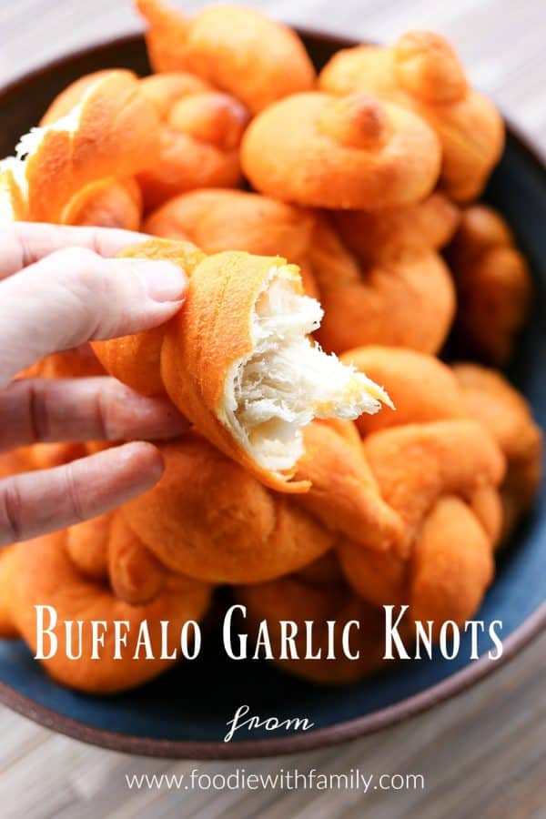 Buffalo Garlic Knots: tender, three bite sized spicy Buffalo Garlic Knots from foodiewithfamily.com