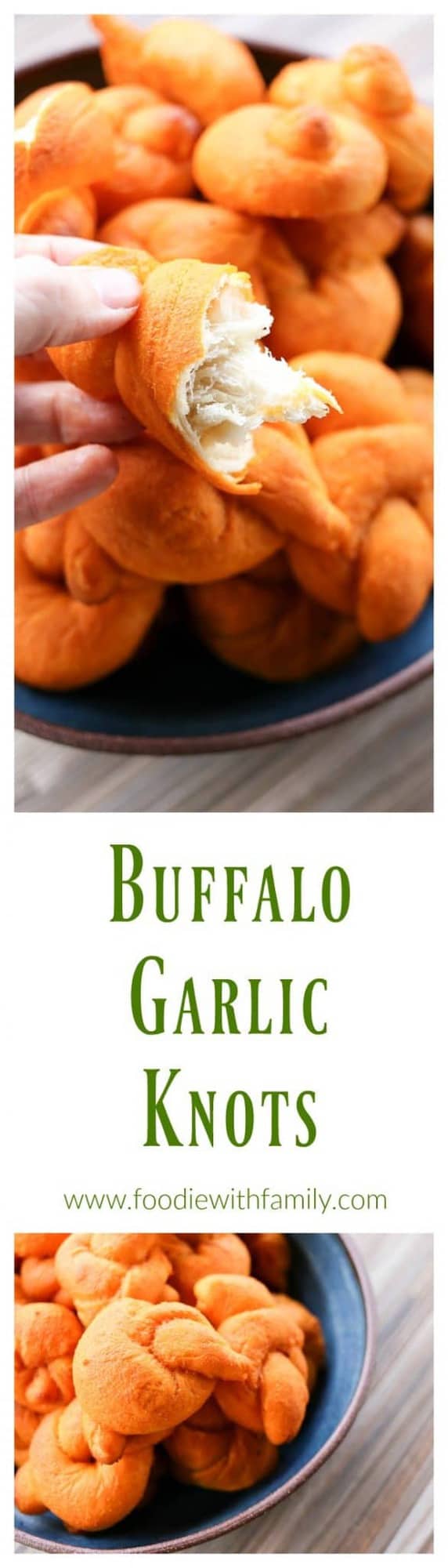 Buffalo Garlic Knots: tender, three bite sized spicy Buffalo Garlic Knots from foodiewithfamily.com