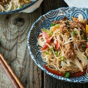 Easy Garlic Ginger Crispy Pork Noodles are going to be your new favourite dinner. Crazy simple. Crazier delicious. And easy on your pocketbook to boot. This delicious meal-in-one whips up in less than 30 minutes.