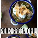 PORK GREEN CHILI IN WHITE ENAMEL BOWL WITH COBALT BLUE RIM