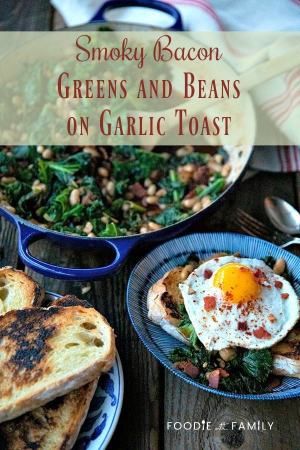 Tender beans and greens, caramelized onions, savoury bacon, sliced garlic, smoked paprika, and a hint of spice, star in this one-pot, low cost, crowd-pleaser served over indulgently thick slices of crunchy-edged, pan toasted garlic bread.