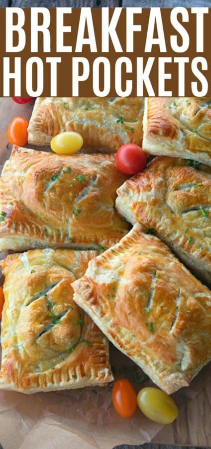 Breakfast Hot Pockets: puff pastry filled with cheesy scrambled eggs and sausage links.