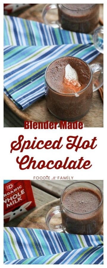 Creamy, rich, blender made spiced hot chocolate is made with just two main ingredients: good chocolate and milk. It has just a hint of warming cinnamon, nutmeg, and cayenne and is as easy as the powdered packets but worlds better. 