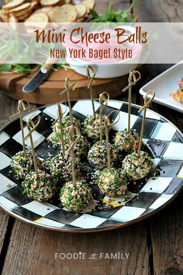 These gorgeous little two-bite, miniature cheese balls are dressed up with smoked salmon, chives, and everything bagel seasoning and taste like New York City when served with bagel chips, pickled red onions, and capers.