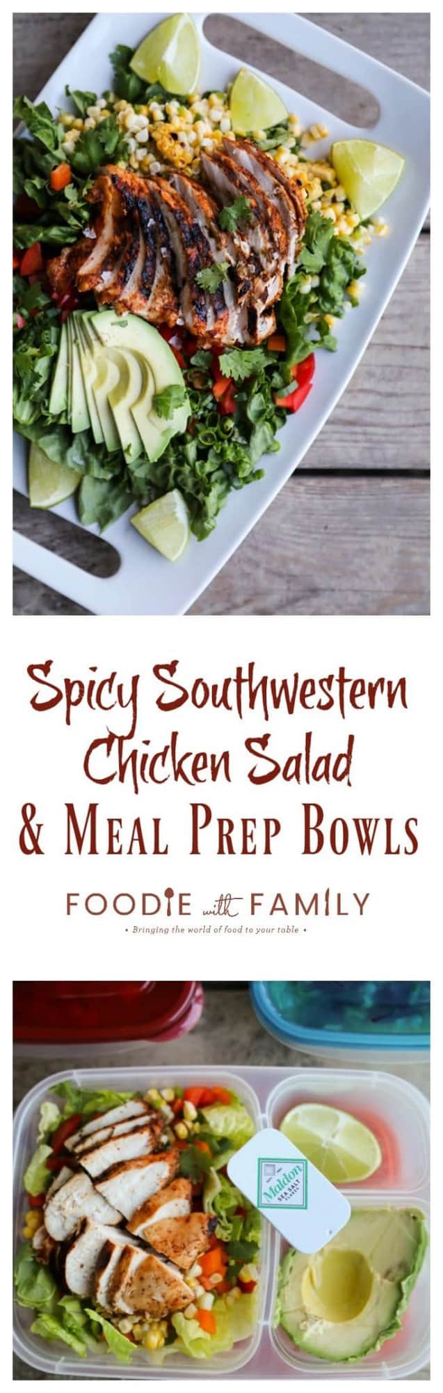 Super tasty, super simple, Spicy Southwestern Chicken Salad and Meal Prep Bowls: This three-for-one gives you an amazing batch of Spicy Southwestern Chicken, a dinner salad recipe using the chicken, and meal prep bowls using both the Chicken and the Salad!